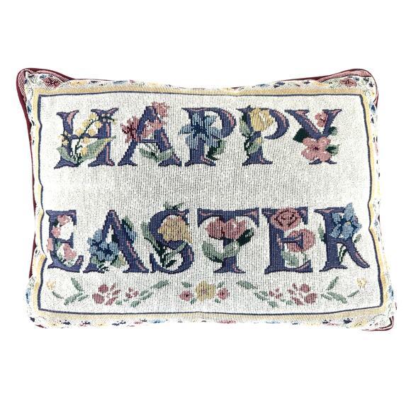 Embroidered Happy Easter Spring Colors Rectangular Pillow w/Solid Burgundy Back! - Picture 4 of 6